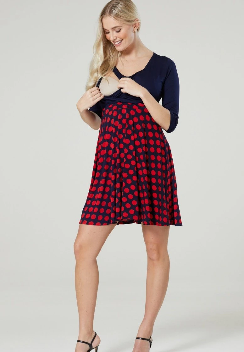 Sukienka Letnia - Granatowa W Czerwone Grochy
