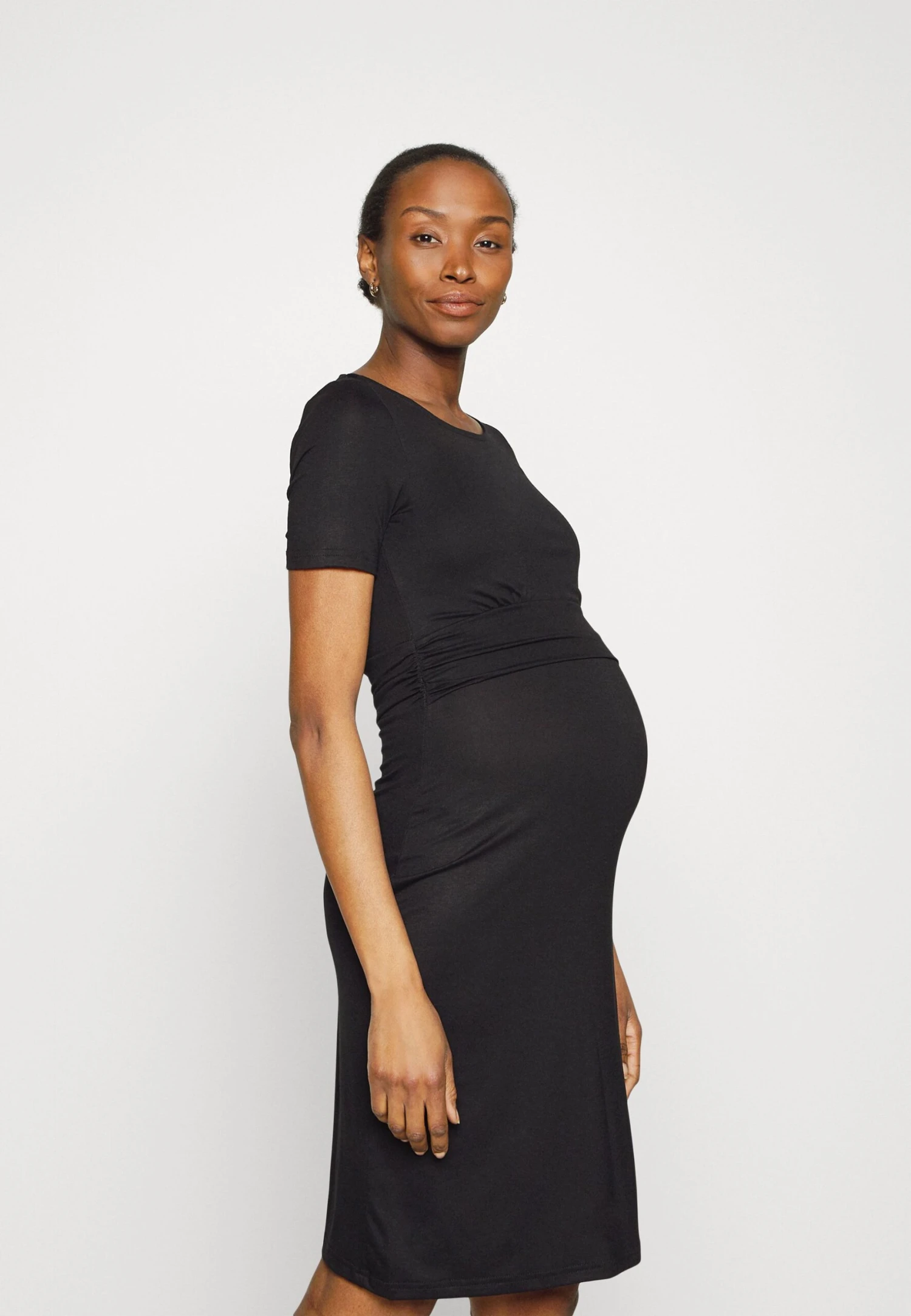 SHORT SLEEVES RUCHED WAIST MINI FLARED DRESS - Sukienka Z Dżerseju - Black