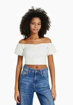 BERSHKA SHORT SLEEVE POPLIN - Bluzka - White