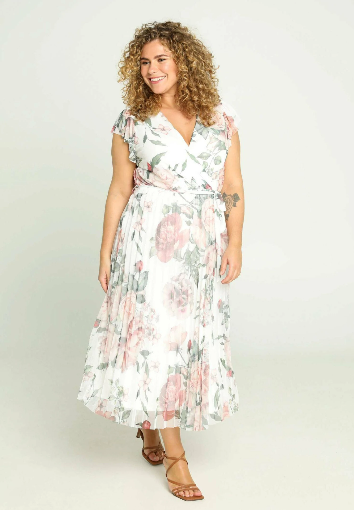 LANGES UNIFARBENES PLISSEE MIT WICKELKRAGEN - Sukienka Letnia - Beige - obrazek 2