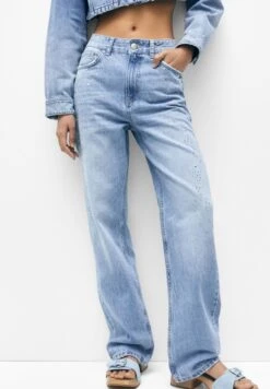 PULL & BEAR MID-WAIST WITH RHINESTONES - Jeansy Straight Leg - Stone Blue Denim