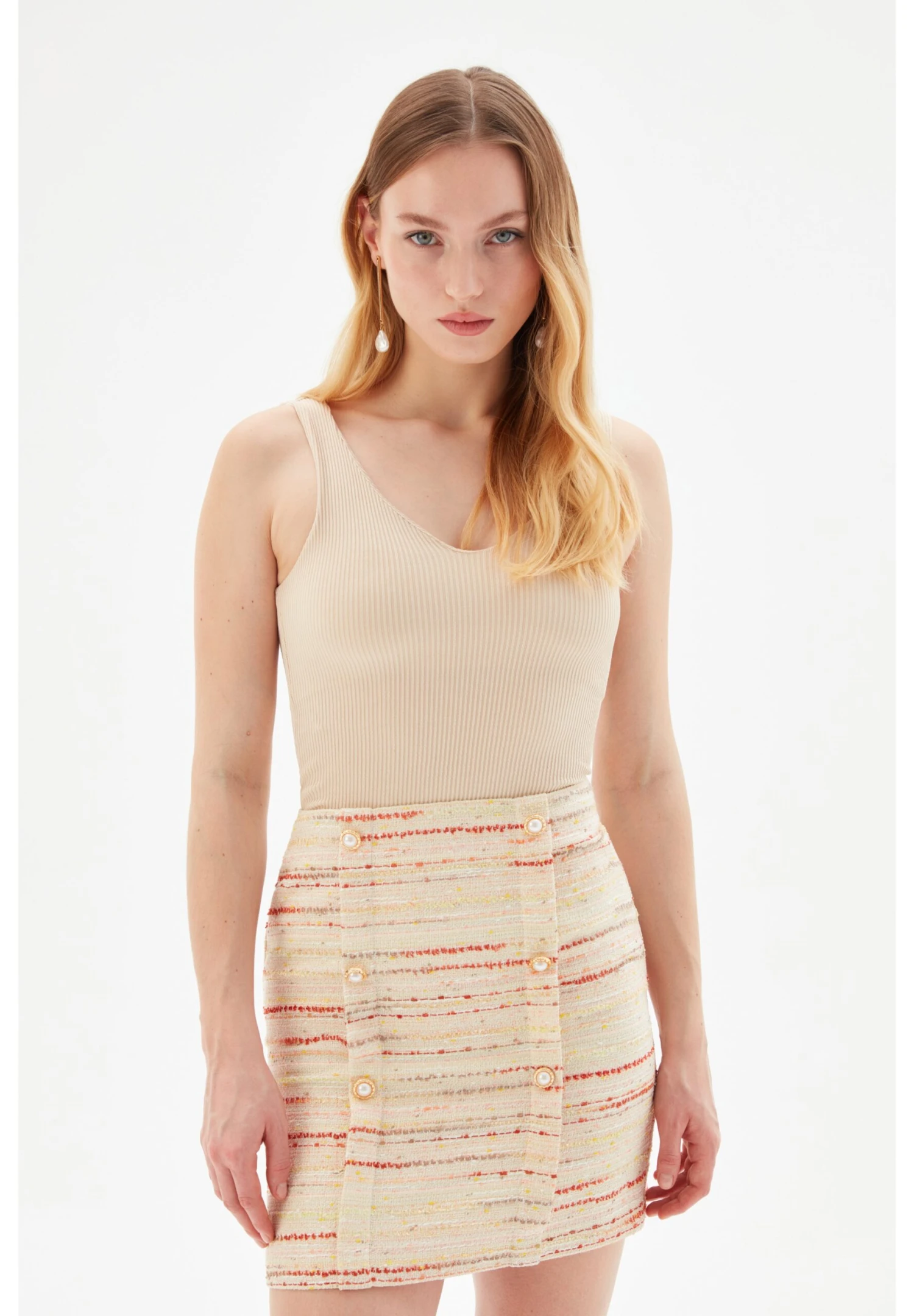 ROBYN FRONT BUTTONED - Spódnica Mini - Striped Beige - obrazek 5